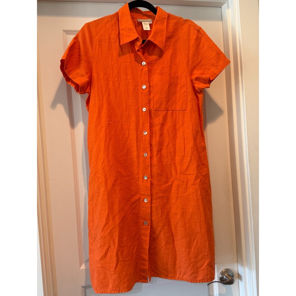 Coldwater Creek Button Down Orange Linen Blend Pockets Short Sleeve Petite M